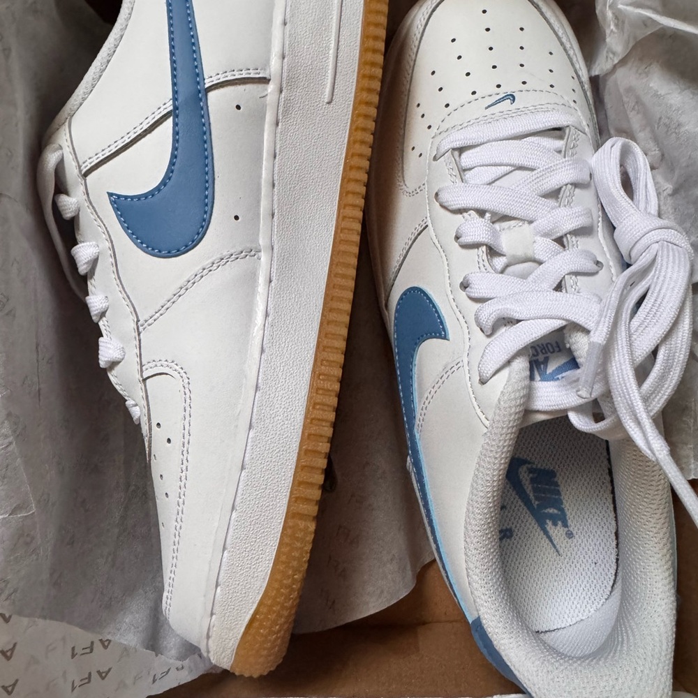Nike Kids Air Force 1’s White with Blue Swoosh and Gum Sole